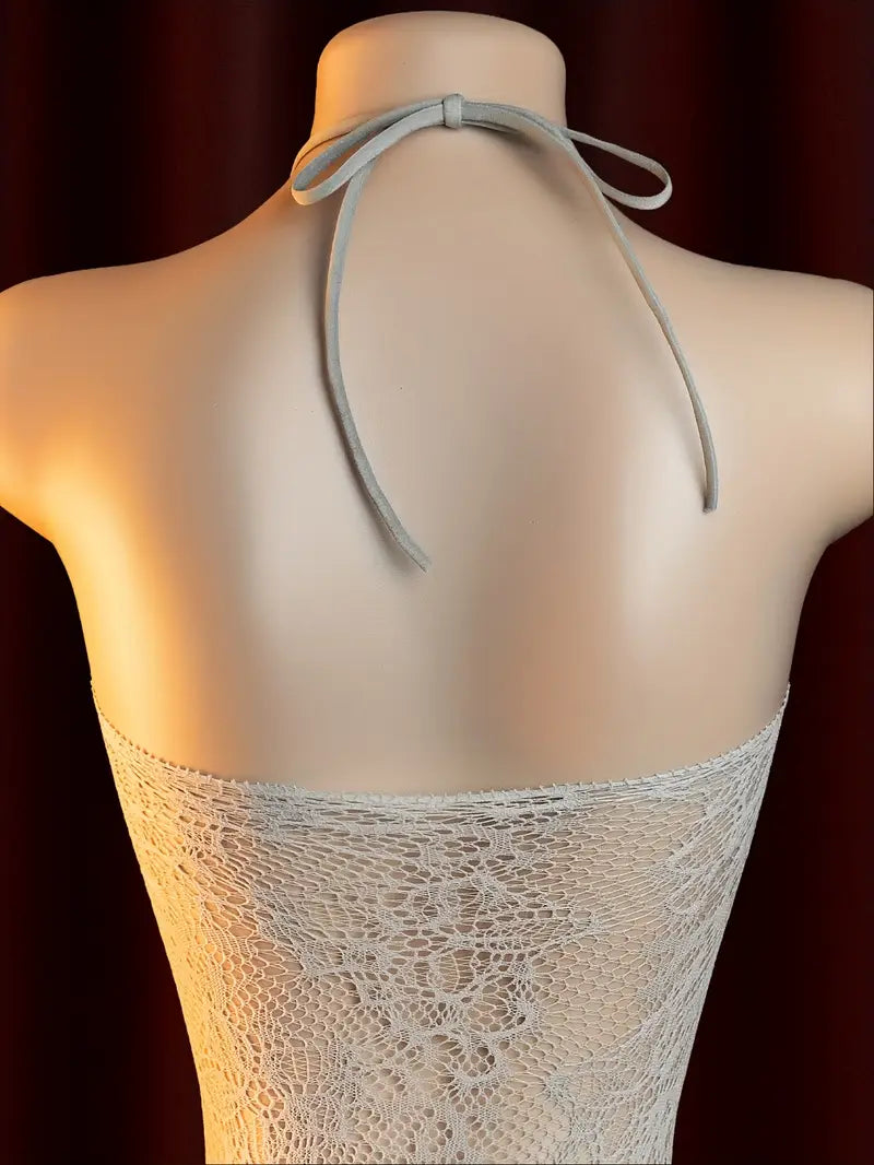 Sexual Sex Interesting Lingerie Halterneck Chestless Lace Bow Bodysuit Suspender See-Through Open Strapless Temptation Tights New Shiny Lace Backless Dating Battle Robe Bed Passion Suit Bold Erotic Outfit Seductive Lingerie Chest Cut-Out Pajamas