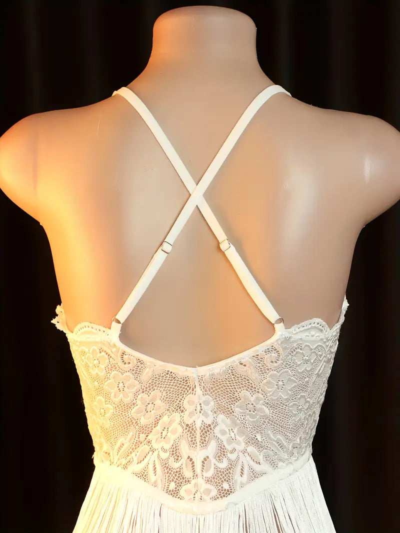 Sexy and hot lace sheer temptation with tassels camisole dress, big back exposure nightgown, passionate bed outfit, revealing sexy doll dress, bold lingerie, exotic and enticing mesh underwear in white.