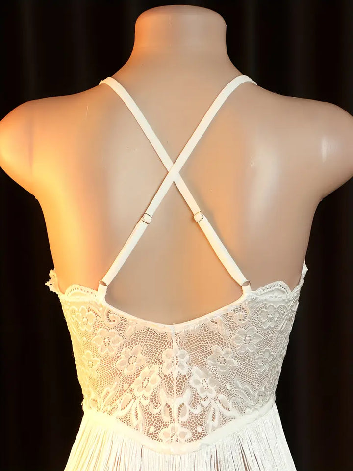 Sexy and hot lace sheer temptation with tassels camisole dress, big back exposure nightgown, passionate bed outfit, revealing sexy doll dress, bold lingerie, exotic and enticing mesh underwear in white.