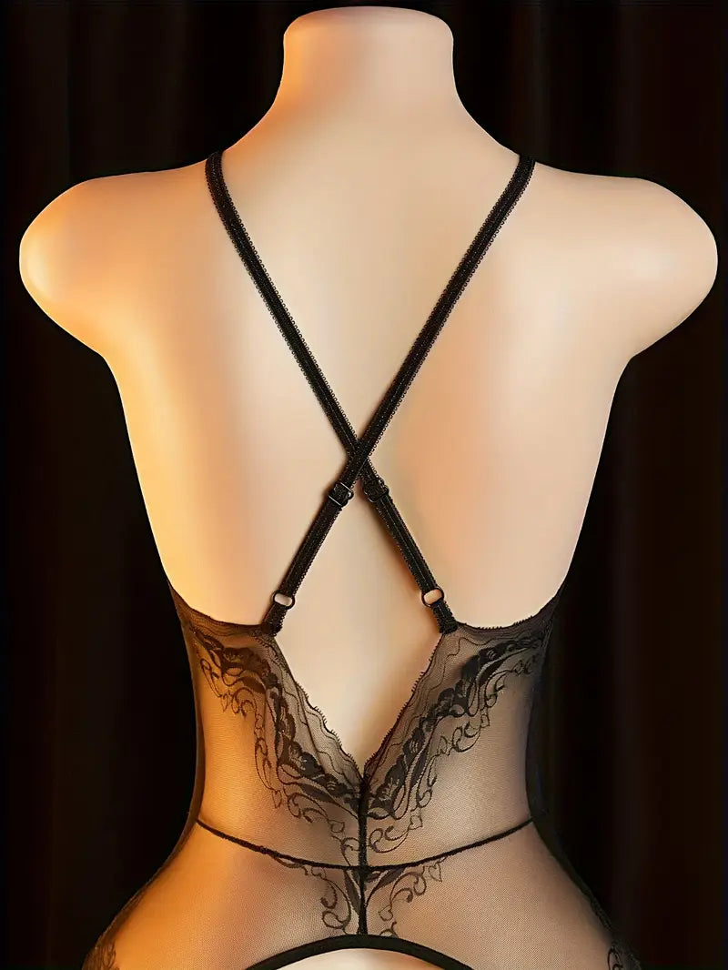 Sexy lingerie, sexy black sheer lace, passionate and hot open-crotch bodysuit with cross straps, no need to remove.