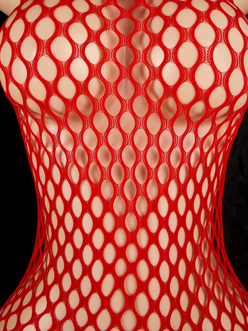 Red open halterneck big hole one-piece mesh suit, sexy suspender fish net tights, openwork see-through sleeveless mesh jumpsuit, women's sexy underwear and panties