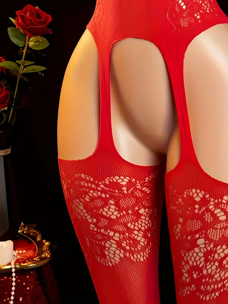 Plus-size sexy bodysuit, crotch halterneck red fishnet see-through mesh underwear, sleeveless tight-fitting exotic seduction underwear