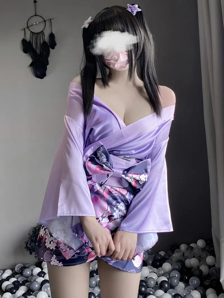 New Sexy Costume Set: Sensual Purple 'Fox Dream Among Flowers' Date Kimono Set, including Kimono + Waist Belt + Thong