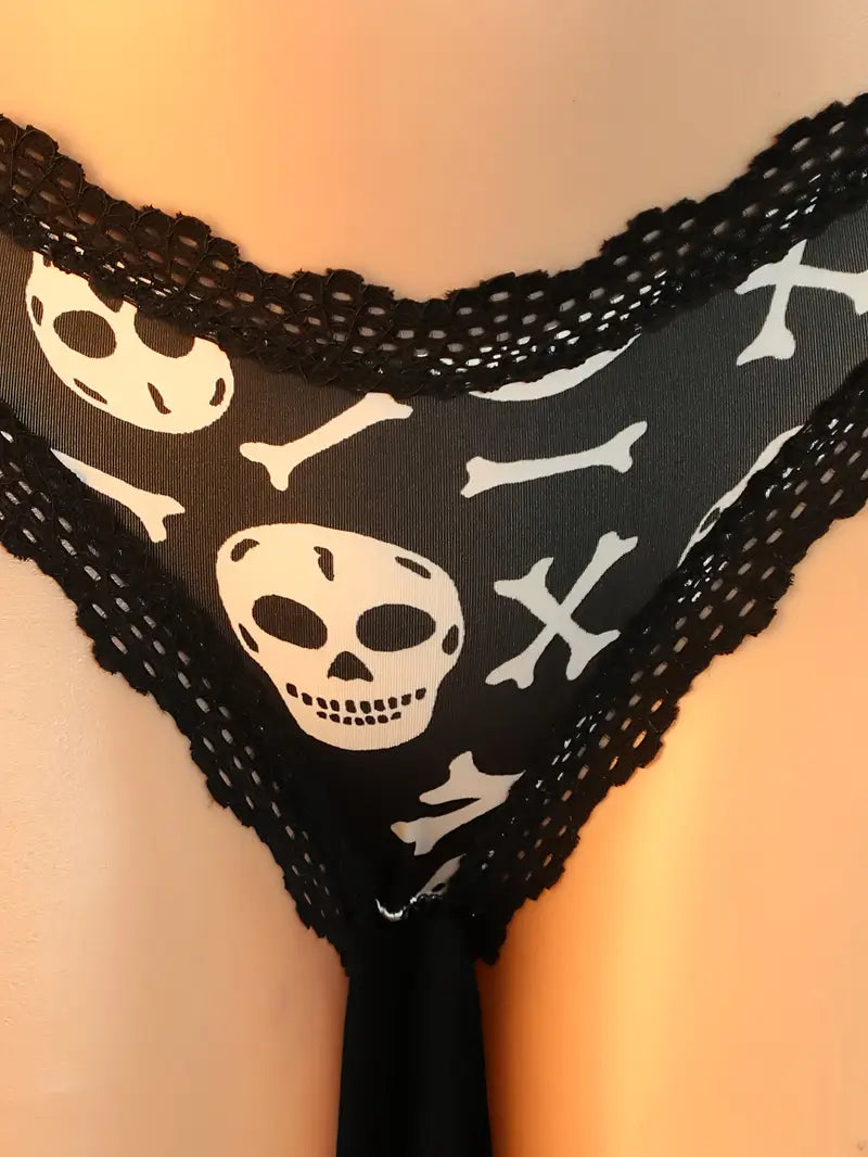 Halloween themed panties with removable lace skull thong, seductive sheer flirty T-back, new bold sexy costume for Valentine's Day, revealing exotic enticing lingerie, hollowed triangle panties.