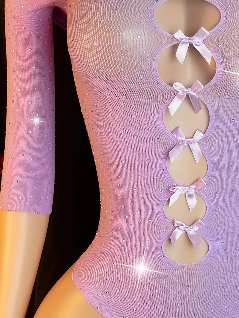 Sexy bodysuit, purple sparkling, adorned with a cute bow, off-shoulder design