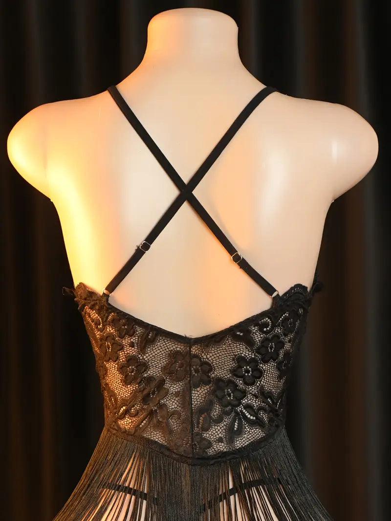 Sexy Dress Set Lace Printed Fringed Nightgown Set Ladies Erotic Costume Sexy Pajamas, Nightgown Set