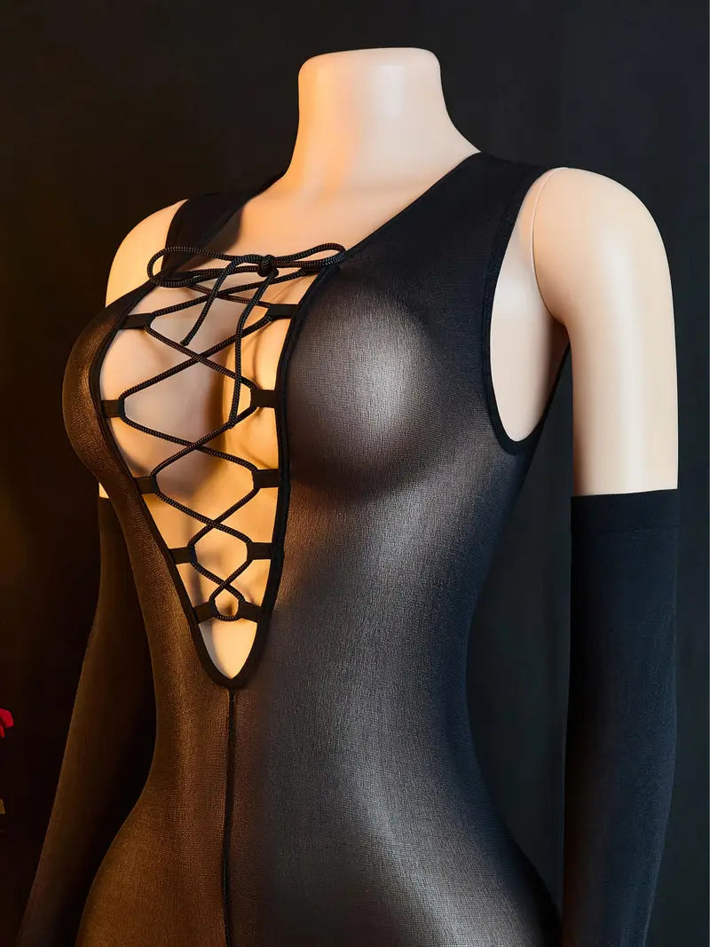 Sexy translucent open-crotch bodysuit, hot black long-sleeved bodysuit, erotic lingerie suspender cut-out fishnet net, sexy open-gear stockings see-through mesh tights, bold erotic costume exposing exotic seductive lingerie set