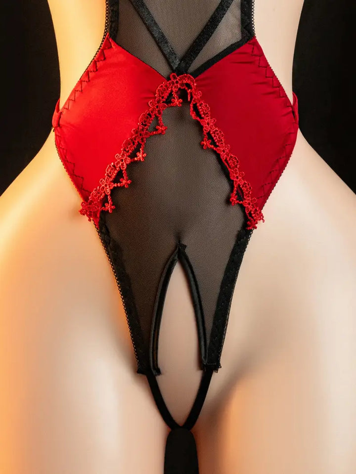 Sexy one-piece lingerie with lace splice, half-cup support, hot open-crotch design for passionate bedroom moments