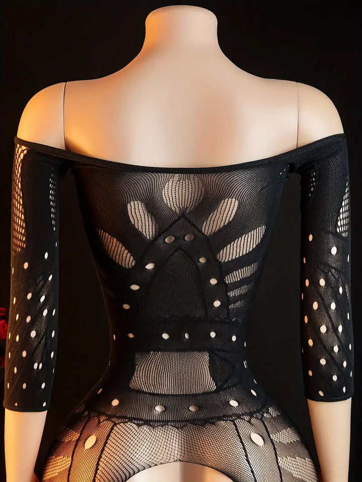 Erotic lingerie, sexy open bandeau big hole one-piece mesh, suspender fishnet tights, openwork see-through sleeveless mesh bodysuit, bold erotic costume exposing exotic seductive lingerie date battle gown