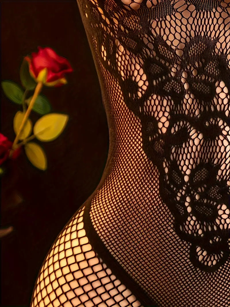 Plus size erotic underwear, halterneck jacquard wide open crotch jumpsuit, sexy see-through fishnet bodysuit, leaky chest cutout tights, bold exposure exotic seductive underwear black