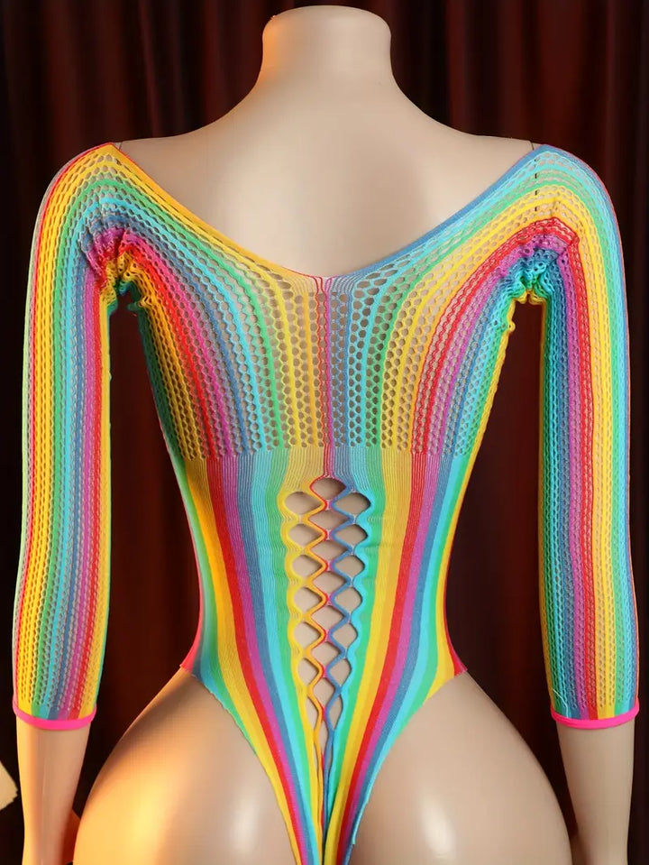 Women Sexy One-Piece Underwear Stockings Seductive Hollowed Out Rainbow Color Striped One-Piece Mesh Women'S Erotic Costumes Erotic Bodysuit, Bodystocking