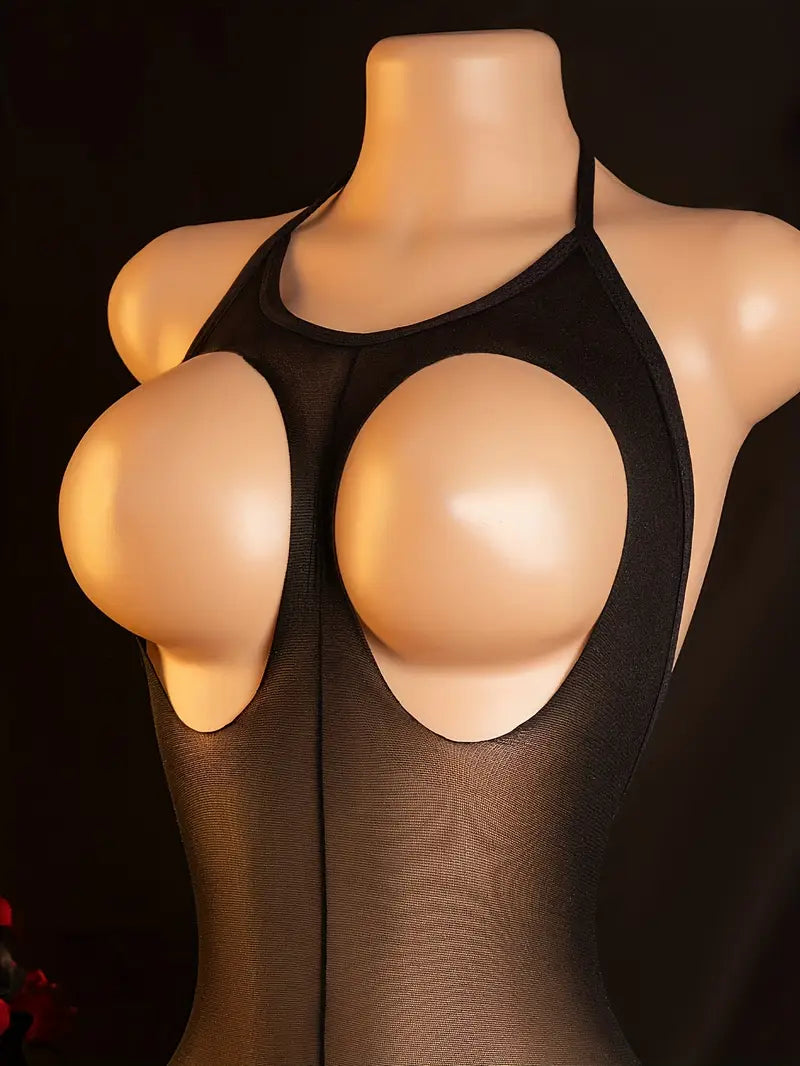Plus size erotic lingerie, openwork pattern one-piece mesh on the chest, sexy suspender fishnet bodysuit, see-through sleeveless mesh tights, sexy lingerie for women, black exposed exotic seductive underwear