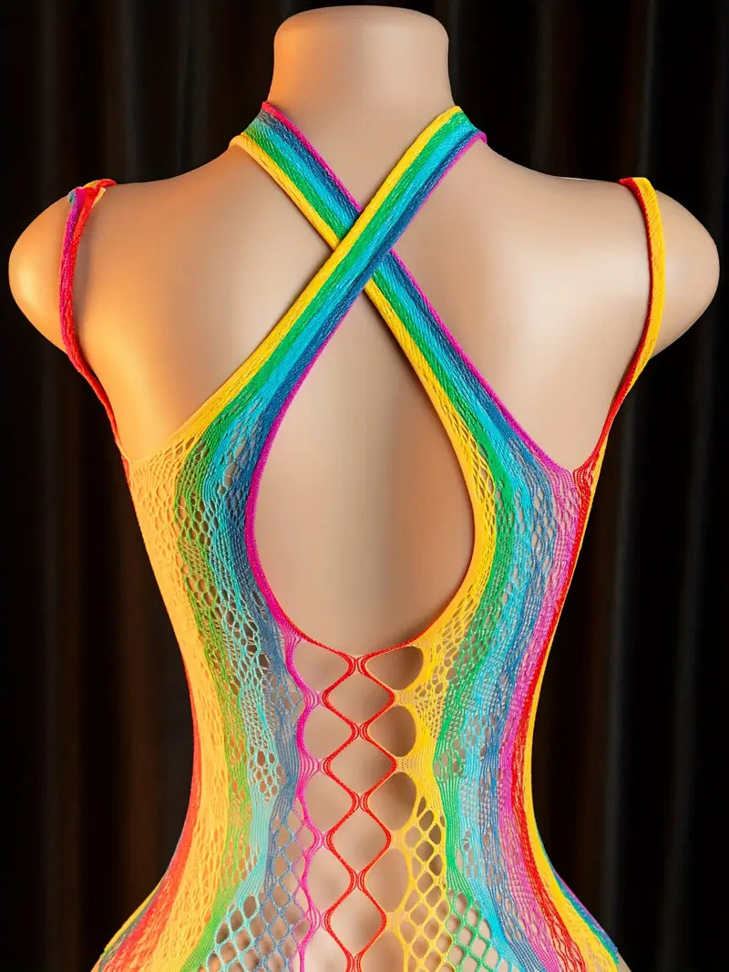 Sexy Bodystocking Bodysuit Lingerie Seductive Hollow Out Colorful Striped One-Piece Mesh One-Piece Stockings Women'S Clothing Sexy Fishnet Jumpsuits Bodystocking