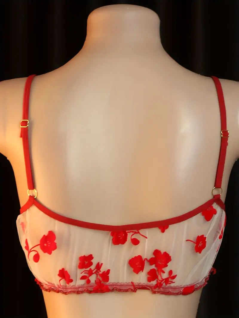 Erotic see-through lingerie set sexy suspender bra thong flower print pajamas chest see-through open gear free passion bra T-pants set new breast-baring bold erotic clothing underwear underwear (includes: underwear + panties)