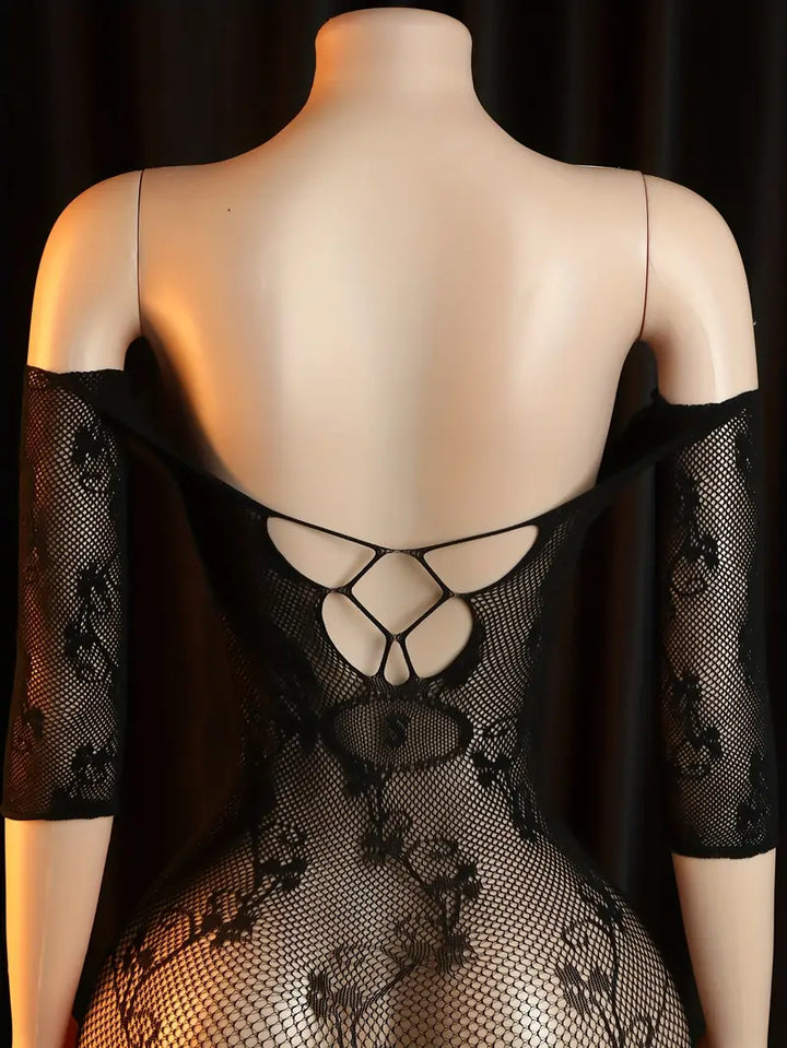 Sexy black floral patterned open-crotch bodysuit with cut-out chest, no need to remove.