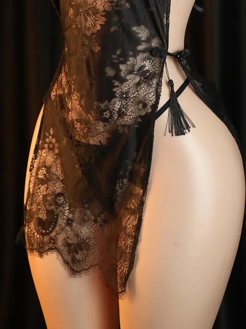 Erotic Lingerie New Sexy Perspective Pure Desire Classical Lace Cheongsam One-Piece Suit Uniform Temptation Dating Battle Robe Dress Bed Stripless Passion Pajamas Indigenous Uniform Suit Bold Erotic Costume Exposure Exotic Seductive Lingerie