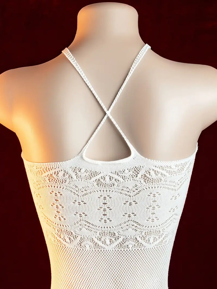 Sexy Bodysuit White Hollow Jacquard Pattern Strappy Bodysuit