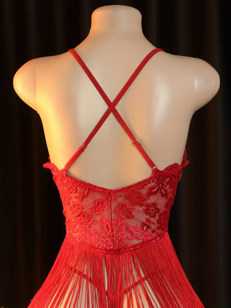 Sexy Dress Set Lace Printed Fringed Nightgown Set Ladies Erotic Costume Sexy Pajamas, Nightgown Set