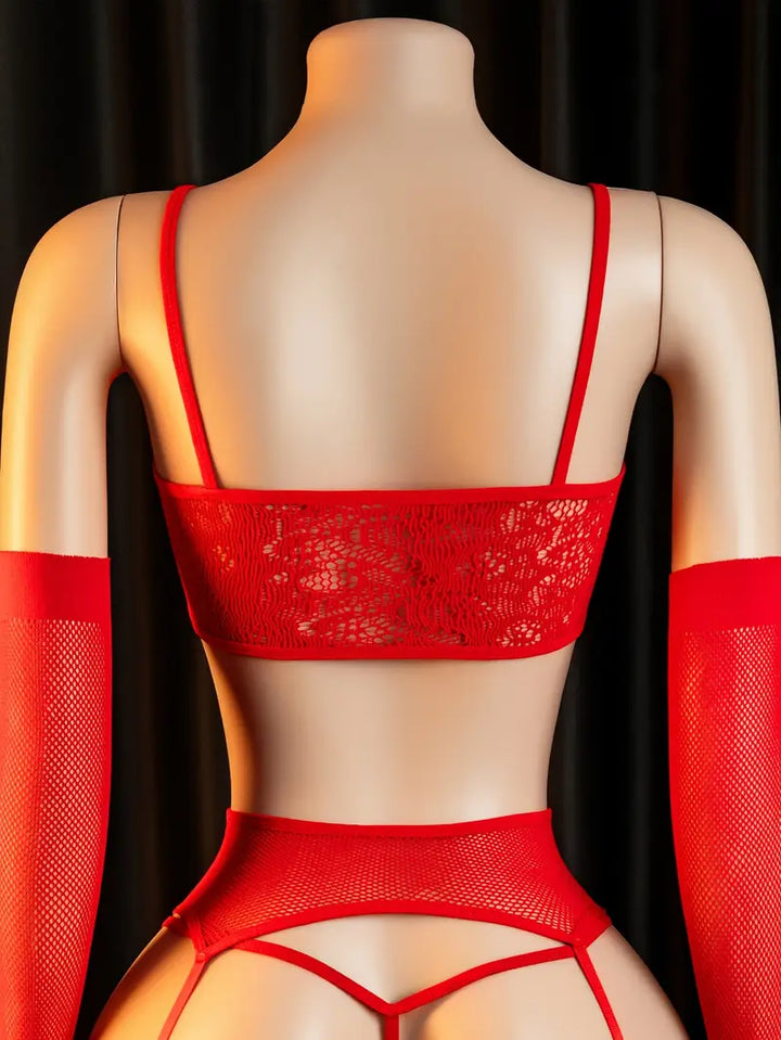 Plus size sexy fishnet lingerie set, 7-piece set of suspender big red cutout see-through mesh suit, sexy fishnet tight bodysuit, bold revealing exotic seductive lingerie suitable for holiday date pajama set