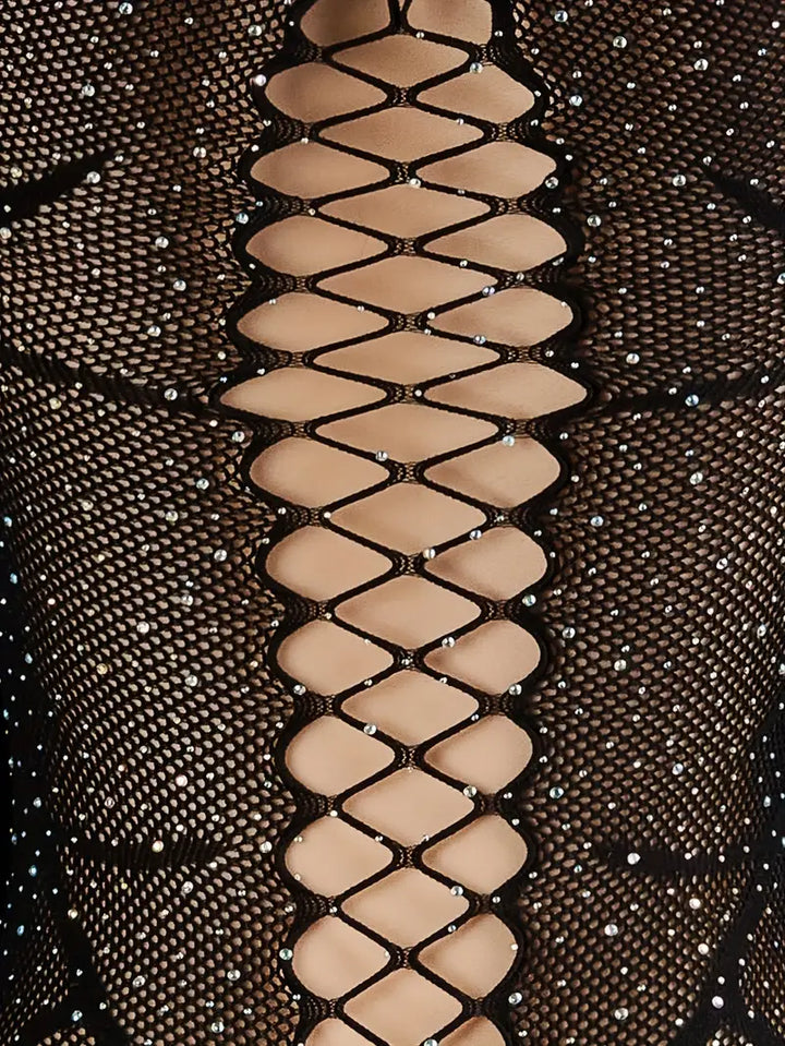 Plus size erotic lingerie, bandeau spider shiny hot diamond one-piece mesh suit, sexy loophole fishnet bodysuit, cut-out see-through one-shoulder large mesh tights, women's sexy lingerie, Valentine's Day new, black