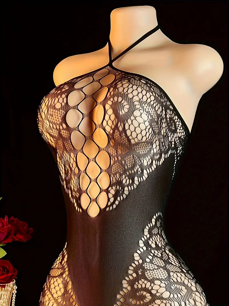 Lingerie with a halter neck and open-crotch design, no removal lace-up fishnet stockings, seductive teasing black silk bodysuit, new sexy one-piece for Valentine's Day, showing off the chest tightly fitted.
