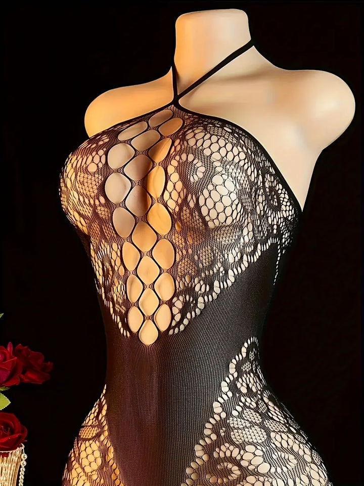 Lingerie with a halter neck and open-crotch design, no removal lace-up fishnet stockings, seductive teasing black silk bodysuit, new sexy one-piece for Valentine's Day, showing off the chest tightly fitted.