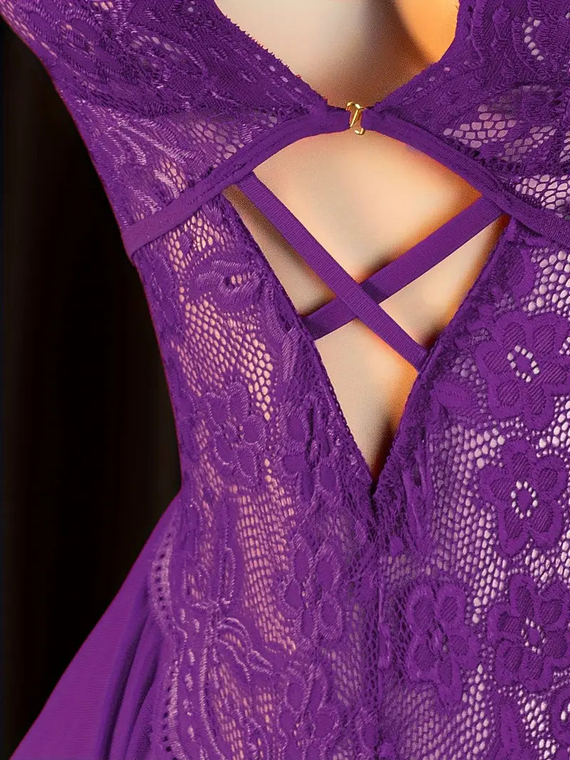 Sexy lace halter neck backless bodysuit with adjustable size and open-crotch design, featuring chest cut-out and sheer tight fit. New Valentine's Day style for passionate dates, daring lingerie outfit with exotic allure in purple.