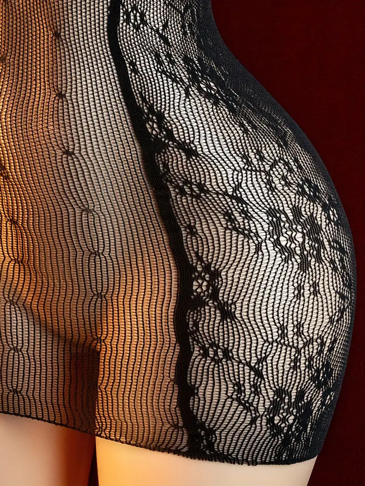 Plus size sexy dress, black front hollow-out jacquard pattern mesh dress