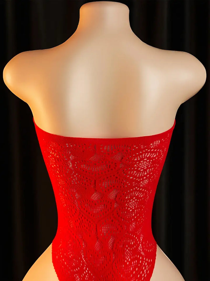 Erotic lingerie bandeau chest love cut-out one-piece jumpsuit stockings sexy sleeveless chestless one-piece open crotch free shedding mesh fishnet sex tights bold exotic seductive underwear red design sense dating battle robe