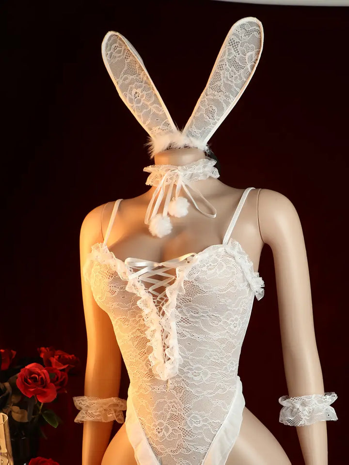 Sexy women's bodysuit, deep V-neck drawstring floral print front bow bodysuit, backless crotch bodysuit, with cute rabbit ear straps, sexy lingerie and women's bottoms