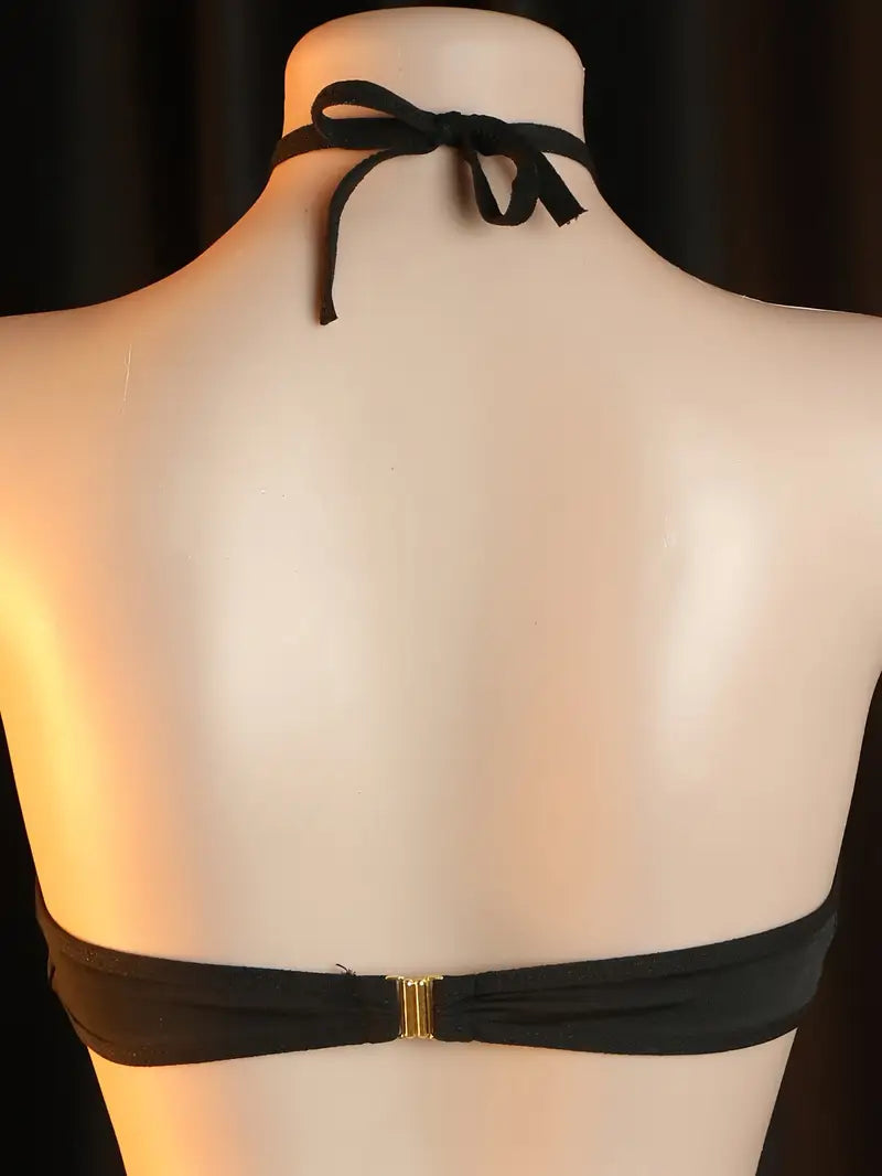 Sexy one-piece lingerie, black hollow-out halter neck tie-up bodysuit
