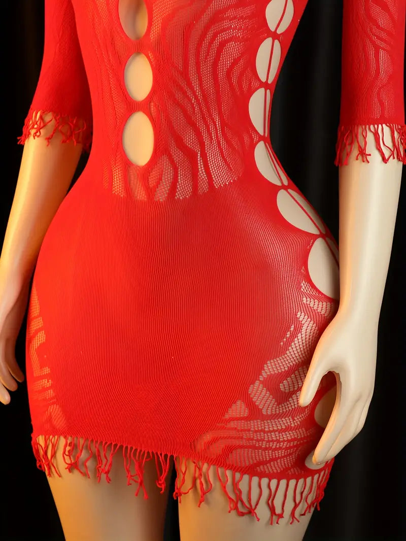 Lingerie: Sexy red tassel lace side cut-out off-shoulder dress