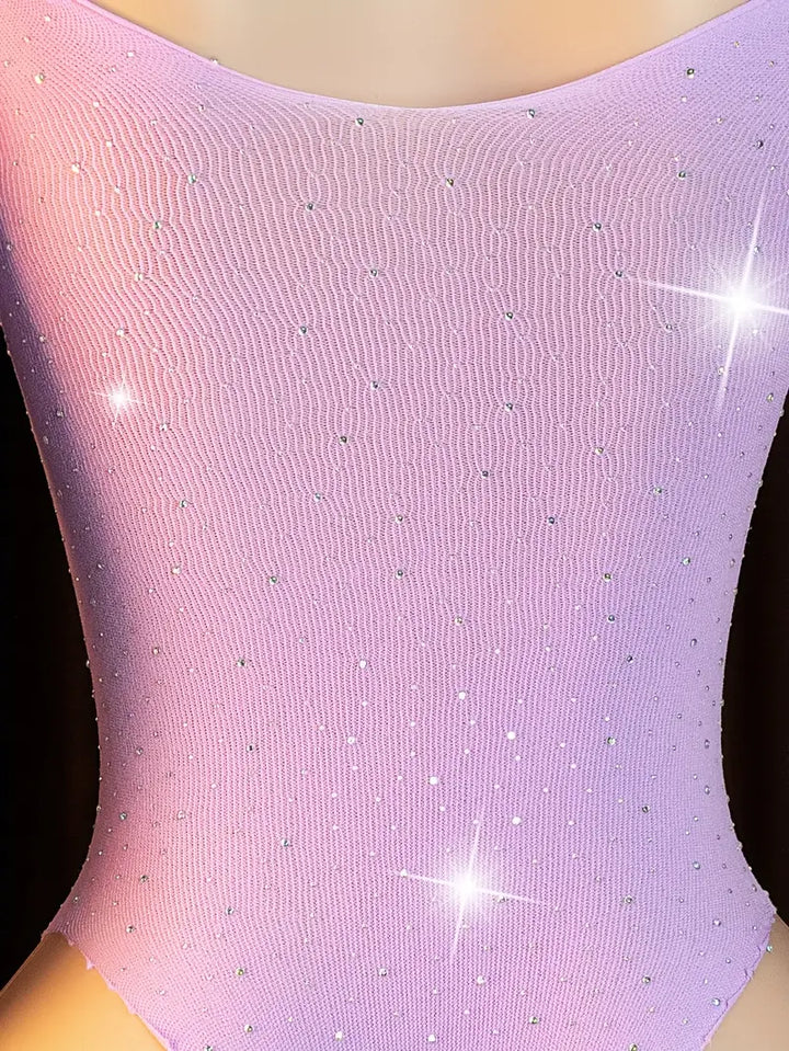 Sexy bodysuit, purple sparkling, adorned with a cute bow, off-shoulder design