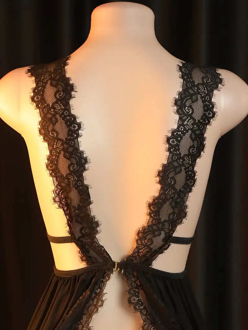 Sexy and provocative sheer lace lingerie dress with a large open back sleepwear passionate set, seductive doll dress, bold romantic outfit revealing exotic and alluring lingerie.