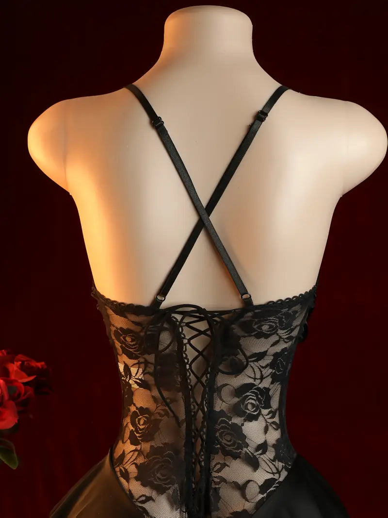 Women's sexy bodysuit, sexy semi-sheer skinny drawstring bodysuit, hot backless suspender crotch lace pleated bodysuit, women's sexy lingerie
