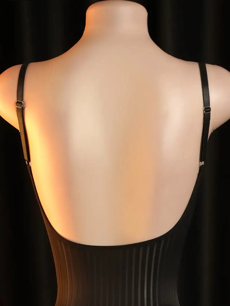 New Sexy Bodysuit - Sexy Black Ice Silky Fiber Fabric Striped Panty Strap Bodysuit