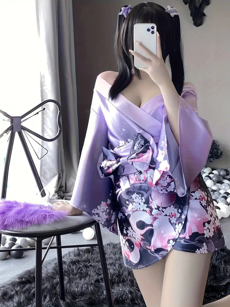 New Sexy Costume Set: Sensual Purple 'Fox Dream Among Flowers' Date Kimono Set, including Kimono + Waist Belt + Thong