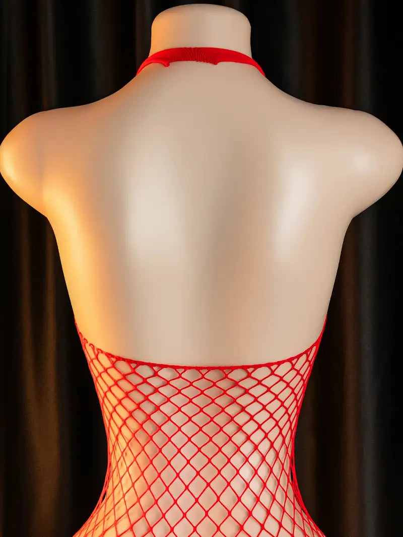 Plus size erotic underwear, suspender wide open crotch hollow halterneck mesh jacket, sexy big loophole fishnet jumpsuit, openwork see-through sleeveless large mesh tights, women's sexy underwear red