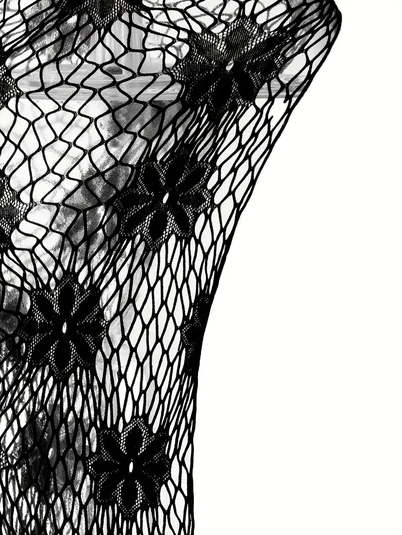 Plus size erotic lingerie sexy suspender cutout mesh open crotch stockings fishnet bodysuit see-through sleeveless mesh tights women's sexy lingerie black flower slit mesh jacket