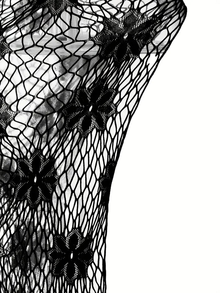 Plus size erotic lingerie sexy suspender cutout mesh open crotch stockings fishnet bodysuit see-through sleeveless mesh tights women's sexy lingerie black flower slit mesh jacket