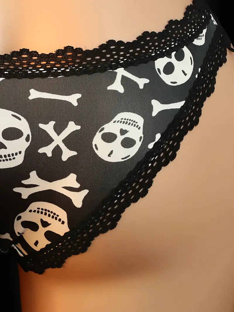 Halloween themed panties with removable lace skull thong, seductive sheer flirty T-back, new bold sexy costume for Valentine's Day, revealing exotic enticing lingerie, hollowed triangle panties.