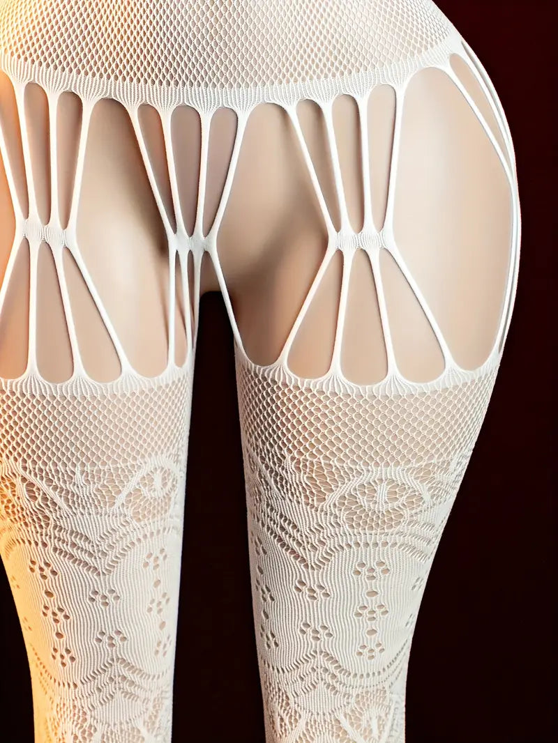 Sexy Bodysuit White Hollow Jacquard Pattern Strappy Bodysuit