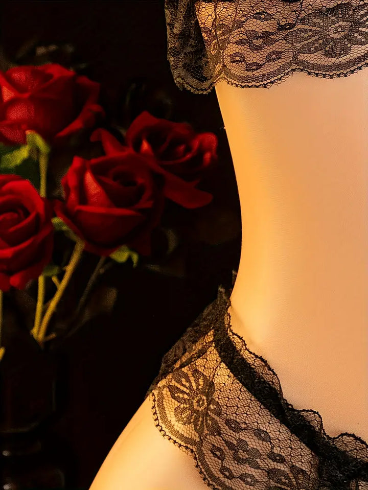 Sensual sheer lace lingerie set with sexy pearl straps, three-piece lace trimmed sleepwear featuring hollow chest design, no removal passionate set, new Valentine's Day bold revealing intimate apparel with exotic alluring lingerie.