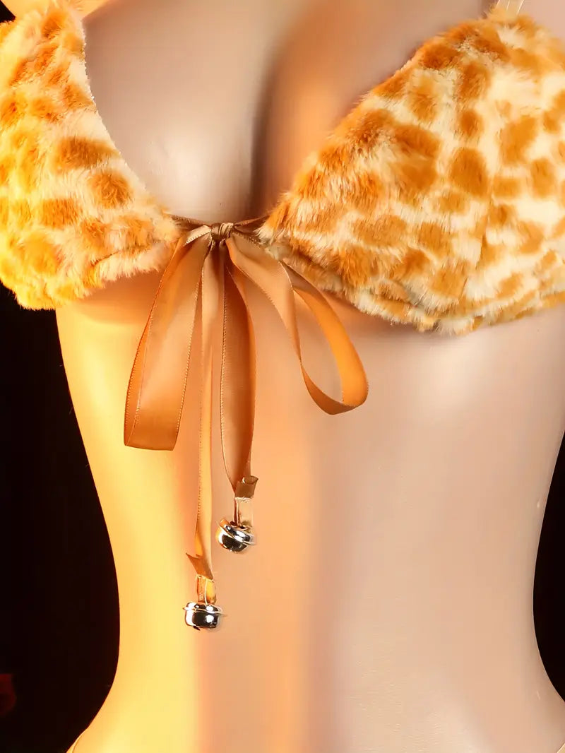 Sexy women's leopard print lingerie set - 3-piece lace corset cosplay outfit with fluffy ears, bow, and garter, perfect for themed parties and cosplay, themed party costume