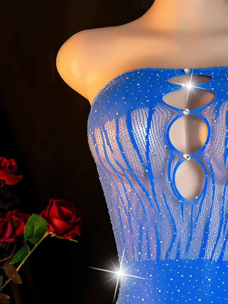 Plus size erotic underwear, bandeau sleeveless hot drill big hole fishnet net, sexy chest cutout jumpsuit, chest-baring see-through sleeveless large mesh tights, bold sexy lingerie blue