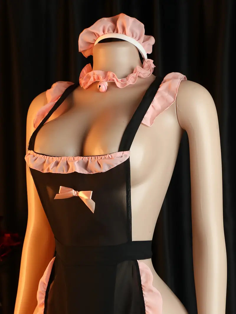Exotic teddy lingerie women's style, sexy translucent nurse bodysuit, backless self-tie design, cute collar accessories, women's underwear set