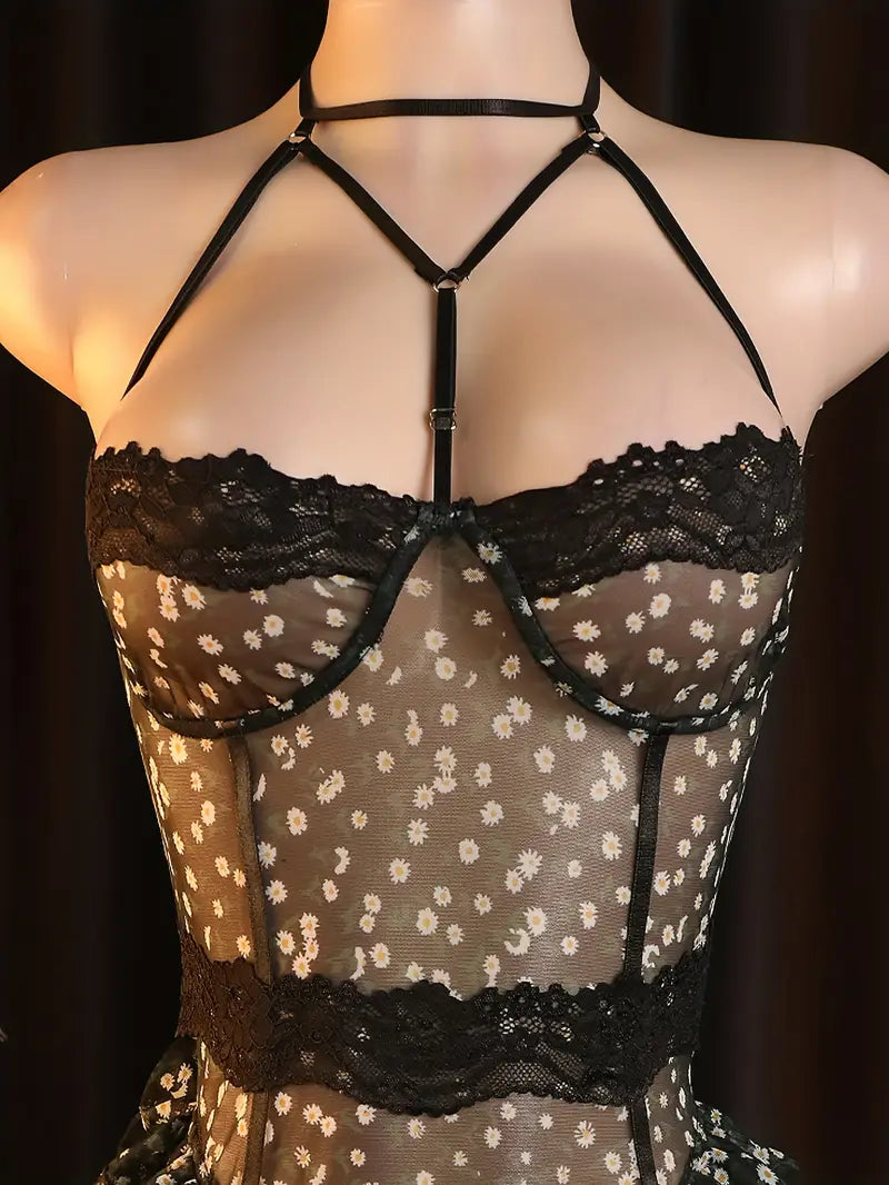 Sexy one-piece dress Sexy black see-through net pure temptation daisy pattern design jumpsuit