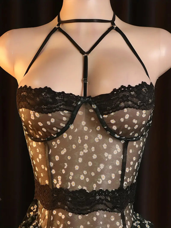 Sexy one-piece dress Sexy black see-through net pure temptation daisy pattern design jumpsuit
