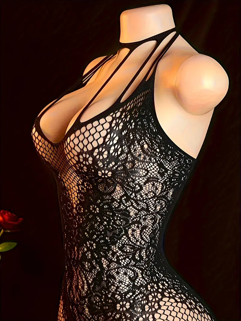 Erotic underwear opening halterneck chestless one-piece mesh, sexy suspender fishnet tights, openwork see-through sleeveless mesh bodysuit, women's sexy underwear and underwear