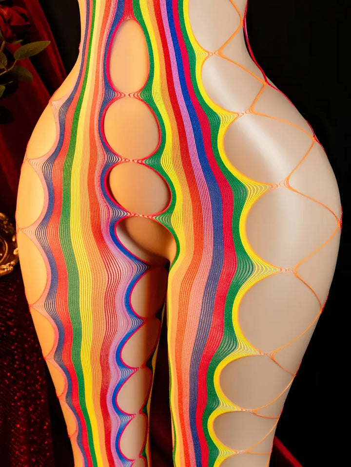 Sexy rainbow multicolor side-cutout teddy bodysuit